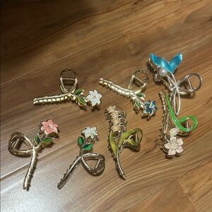 Assorted Floral Gold-Tone Enamel Brooch Set - Blue, Green, Pink, White Accents